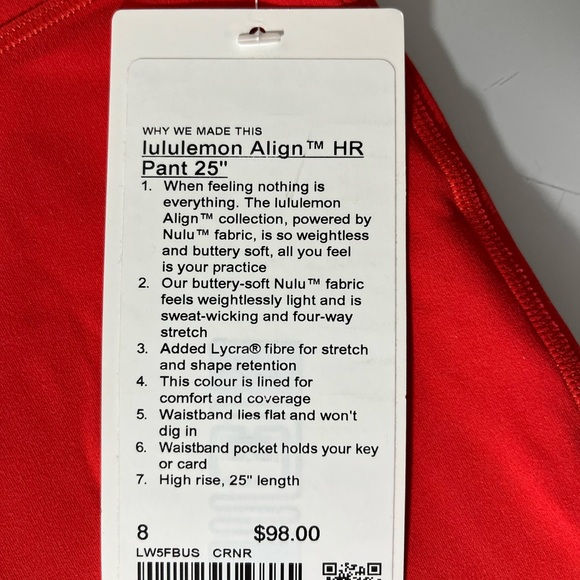 NWT Lululemon Align HR Pant25" Sizes (2, 4, 8 and 10) Carnation Red yoga pants - Picture 7 of 8